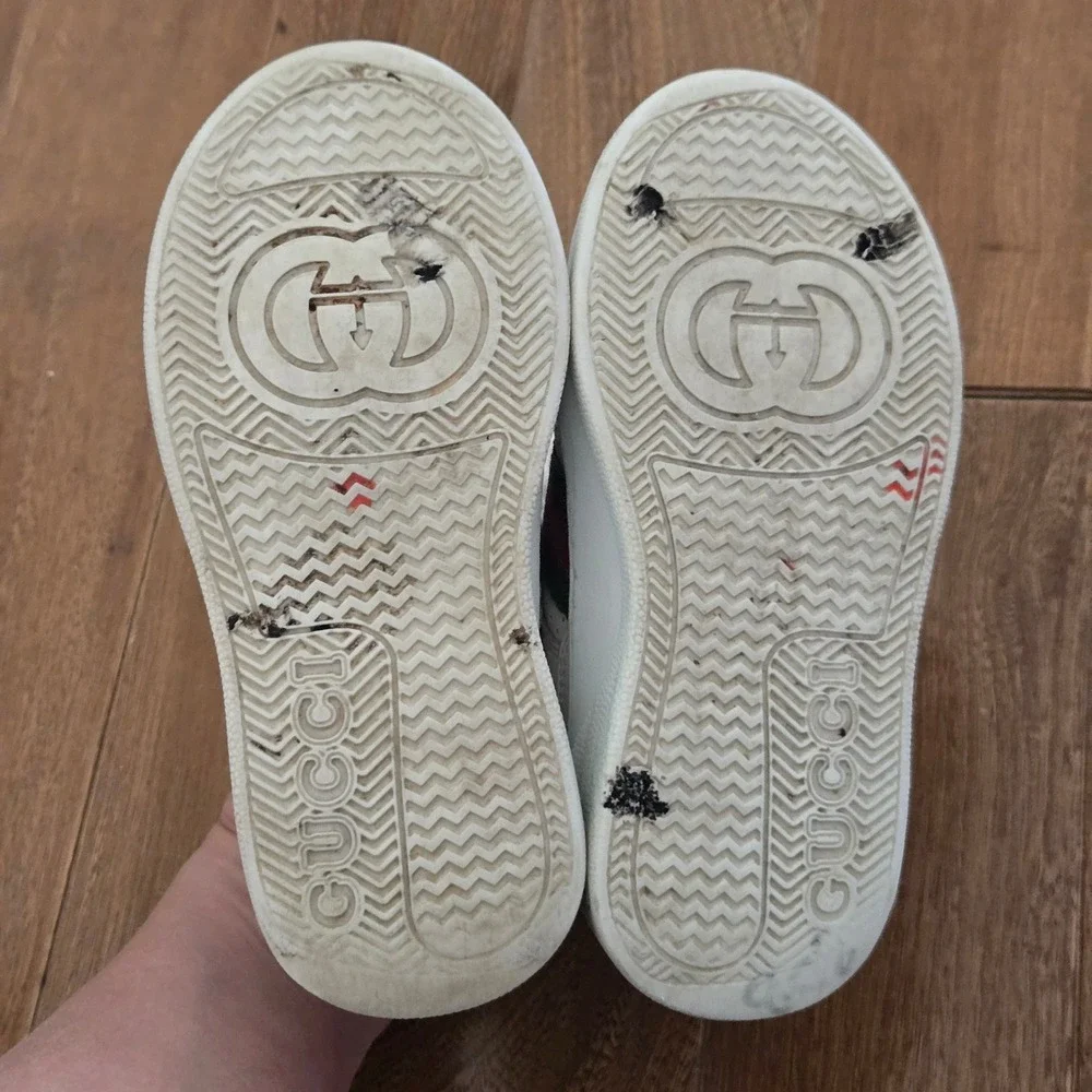 Gucci Kids Web Detail Leather Sneakers White Red Green Stripe Blue 26 US 9.5